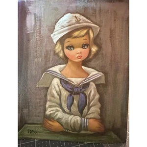 Vintage 1960er Eden Sailor Girl Mod Lithographie Bild Big Eye Art Kitsch MCM - Bild 1 von 2