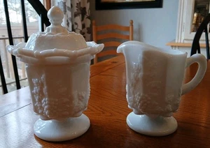 Westmoreland Milk Glass Paneled Grape Creamer And Lace Edge Sugar With Lid - Picture 1 of 8
