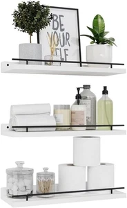 Delsol Floating Shelves with Metal Guardrail Set of 3, Wall Mounted Shelves for - Picture 1 of 8