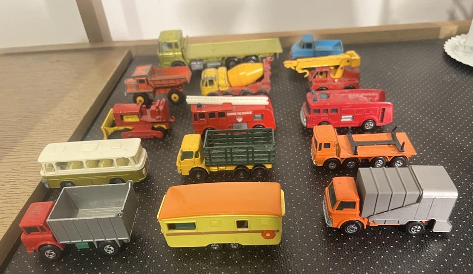  14 Vintage  70s Matchbox Trucks Lorries caravan dust cart tipper bus rare  vgc - Image 1 of 4