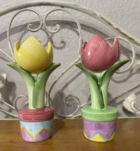 Juego De 2 Candelabros/Huevos Tulipán De Colección Pascua Multicolor Precioso RARO - Imagen 1 de 22