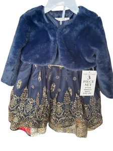 Rare Editions Baby Girl Glitter Dress Faux Fur Jacket 3pc 12 Months  - Picture 1 of 4