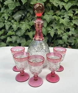 Vintage Ruby Red Glass Decanter and Stopper With 5 Cordial Glasses 10” Tall - Picture 1 of 6
