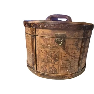 Hat Keepsake Box Wood Printed Paper Oval Old World Map Zodiak Motif Latch Handle - Picture 1 of 14
