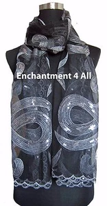 Elegant Oblong Lace Floral Art Scarf Wrap w/ Sequin Black/White - Picture 1 of 5