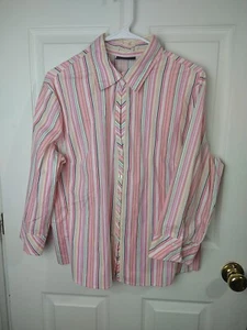 New York & Co woman *L* blouse Pink Stripes Collared  Button 3/4 Button Sleeve - Picture 1 of 9