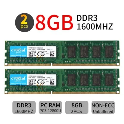 16GB 2x 8GB 4GB 2GB DDR3 PC3-12800U 1600MHz  DIMM Desktop Memory For Crucial LOT - Image 1 of 4
