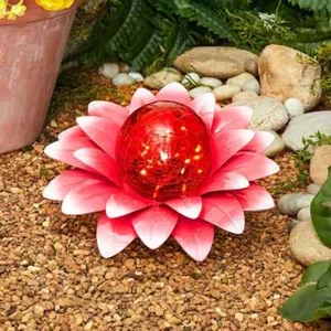 Solar Powered Pink Flower Crackled Glass Gazing Ball Garden Decoration - Picture 1 of 4