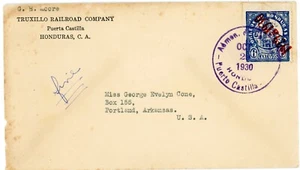 Honduras Sc#272-INVERTED OVERPRINT-PUERTO CASTILLA-OCT/29/1930-TRUXILLO RAILROAD - Picture 1 of 3