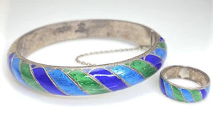 Juego de brazalete y anillo vintage de plata de ley 925 con esmalte azul y verde Siam - Imagen 1 de 8