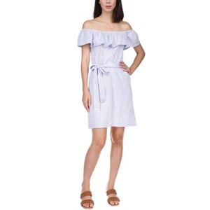 NWT $140 Michael Kors Seersucker Off Shoulder Dress, Blue/White, Women's XL - Picture 1 of 5