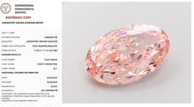 10.43 Oval Lab Grown Diamond For Engagement Ring IGI Fancy Intense Pink VS1 - Image 1 of 4