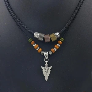 Men's Arrow Pendant Necklace Beaded Artificial Leather Rope Collar Homme Jewelry - Picture 1 of 24