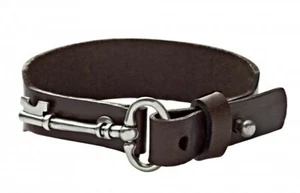 NEW FOSSIL ANTIQUE SILVER TONE KEY+DARK BROWN LEATHER CUFF,BRACELET JA5709797 - Picture 1 of 2