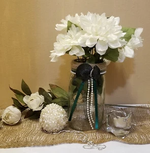 Mason Jar Wedding Centerpiece with Rhinestones Beach Decor Beach Theme Wedding - Picture 1 of 4