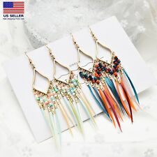 Fashion Women Jewelry Boho Tassel Earrings Beads Royal Feather Style Stud Hook