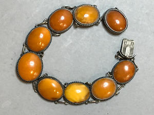 NATURAL OLD ANTIQUE YELLOW BUTTERSCOTCH BALTIC AMBER BRACELET in 875 SILVER.