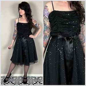 Vintage 1990s Volup Black & Silver Polka Dot Ruched Chiffon Dress - 36" Waist - Picture 1 of 6