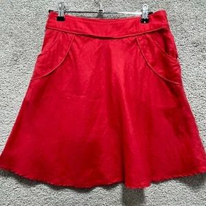 H&M Skirt Women's 4 Red Linen Button Side Zipper Pleated A-Line Mini Pocket - Picture 1 of 11