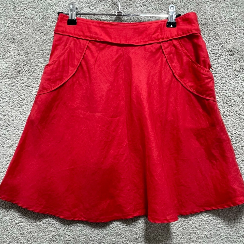 H&M Falda Para Mujer 4 Rojo Lino Botón Cremallera Lateral Plisada Línea A Mini Bolsillo Foto 1 de 4