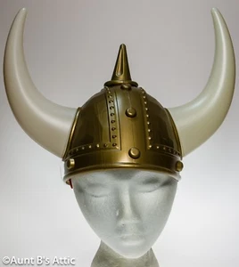 Viking Helmet Gold Plastic Horned Ancient Warrior Costume Accessory - Picture 1 of 1