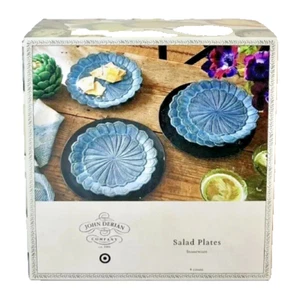 John Derian Blue Feather Scalloped Edge Stoneware Salad Plates 9" Set of 4 NWT - Picture 1 of 4