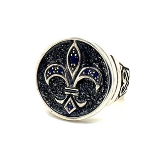 925 Sterling Silver Oxidized Sapphire Fleur De Lis Signet Ring Sz 10 Black - Picture 1 of 6