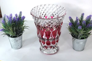 VAL SAINT LAMBERT Ruby red crystal glass cut vase signed - Picture 1 of 8
