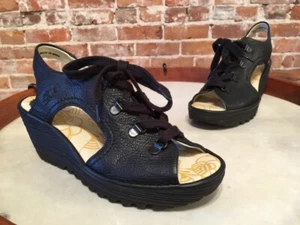 Fly London Ylfa Black Leather Lace up Comfort Wedge Sandals 36 5.5 6 NEW - Picture 1 of 3