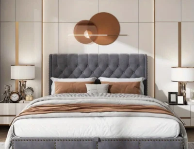 Luxury Velvet Grey Double Bed with Hydraulic Storage - 4ft6 Upholstered Design, - Image 1 of 4