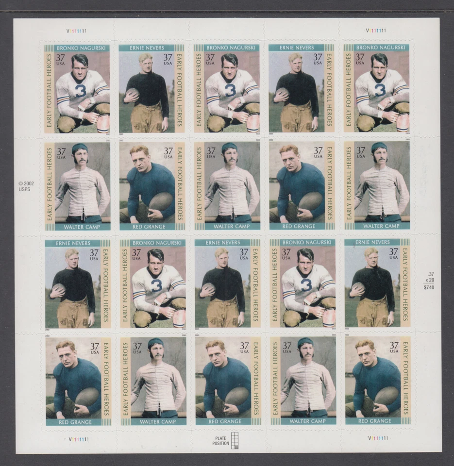 US #3808 - 3811 Early Football Heroes 37c Complete Sheet of 20 Mint Never Hinged - Image 1 of 1