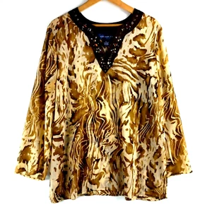 Susan Graver Style Sheer Tunic Top Shirt Women's Size XL Brown Abstract Beaded - Picture 1 of 7