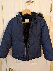 Blue Hooded Jacket With Faux Fur Youth Size 8 Unisex  - Picture 1 of 9