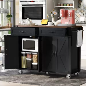 53.5'' Rolling Kitchen Island with Power Outlet, Drop Leaf and Spice Rack, Black - Picture 1 of 24