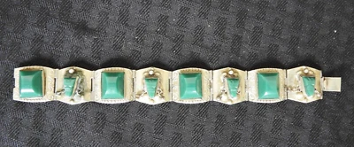Vintage Taxco Messico Argento Sterling Bracciale con Verde Malachite Sassi Aztec - Immagine 1 di 4