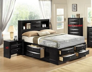 Contemporary Style 3Pc King Size Bed and Nightstand Set Black Finish - Picture 1 of 6