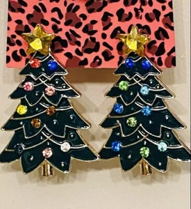 Betsey Johnson Green Enamel Rhinestone Crystal Star Christmas Tree Earrings NWT - Picture 1 of 9
