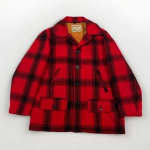 Vintage Jacket Peacoat Pine Crest Men 38 Red Plaid Wool Pinecrest Union USA Made - Picture 1 of 20