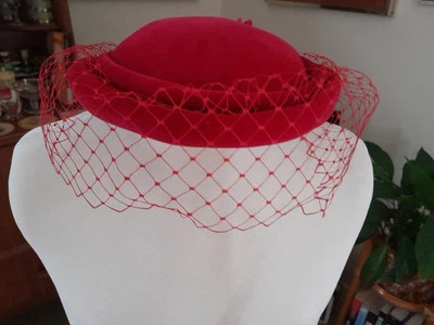  Vintage 1980s Red Velvet  Pillbox Hat  Flower Detail & Net Veil. Connor.  - Image 1 of 4