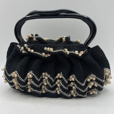 Vintage Hand Crocheted Beaded Purse 9" Lucite Handle Black Silver Hard Bottom - Image 1 of 4