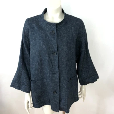 OSKA 2 Off Shoulder Lagenlook Linen Blend Button Lightweight Jacket Blue Black - Image 1 of 4
