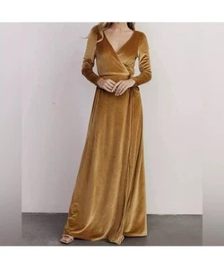 Baltic Born Sofia Samt Wickel Maxi Kleid Gold V-Ausschnitt Kurzarm Party Formell - Bild 1 von 5