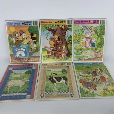 6 Vintage Golden / Whitman Frame Tray Puzzle Pooh Mickey Spring Lambs Cows - Image 1 of 4