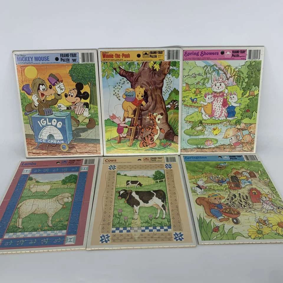6 Vintage Golden / Whitman Frame Tray Puzzle Pooh Mickey Spring Lambs Cows - Image 1 of 4