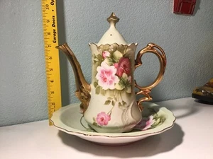 Lefton Green Heritage tea pot with basin Bowl W/Roses Gold Trim -Excellent cond - Picture 1 of 3