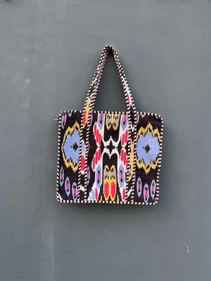 Indien Noir Ikat Imprimé Matelassé Épaule Sac Femmes Plage Coton Sac US - Photo 1/4