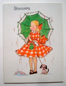 Mädchen mit Welpe unter Regenschirm unsigniert Gute Wünsche Grußkarte *LL14 - Bild 1 von 3