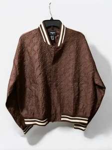 Men's Brown Textured Varsity Jacket Size Medium Striped Trim Spring Snap Front - Picture 1 of 3
