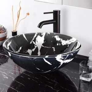 Aquaterior Tempered Glass Round Vessel Sink Artistic Marbling Pattern gray - Picture 1 of 4