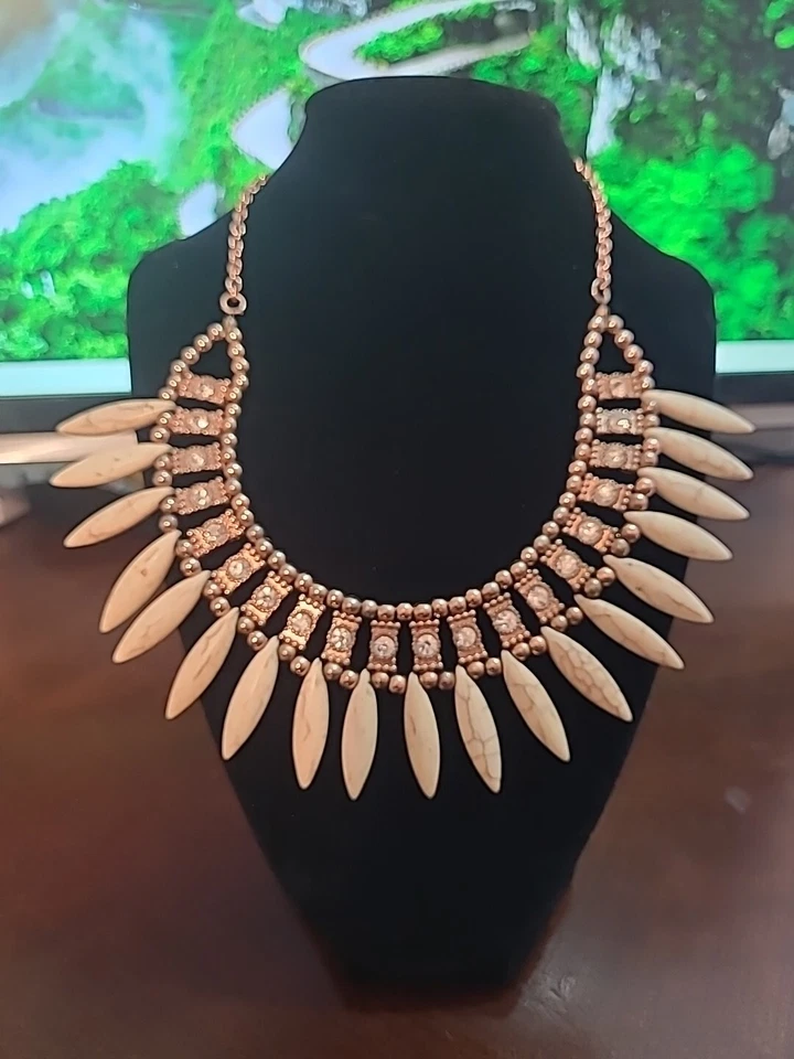 Tibetan Style Statement Necklace Rose Gold crystal w Almond Beads - Image 1 of 4